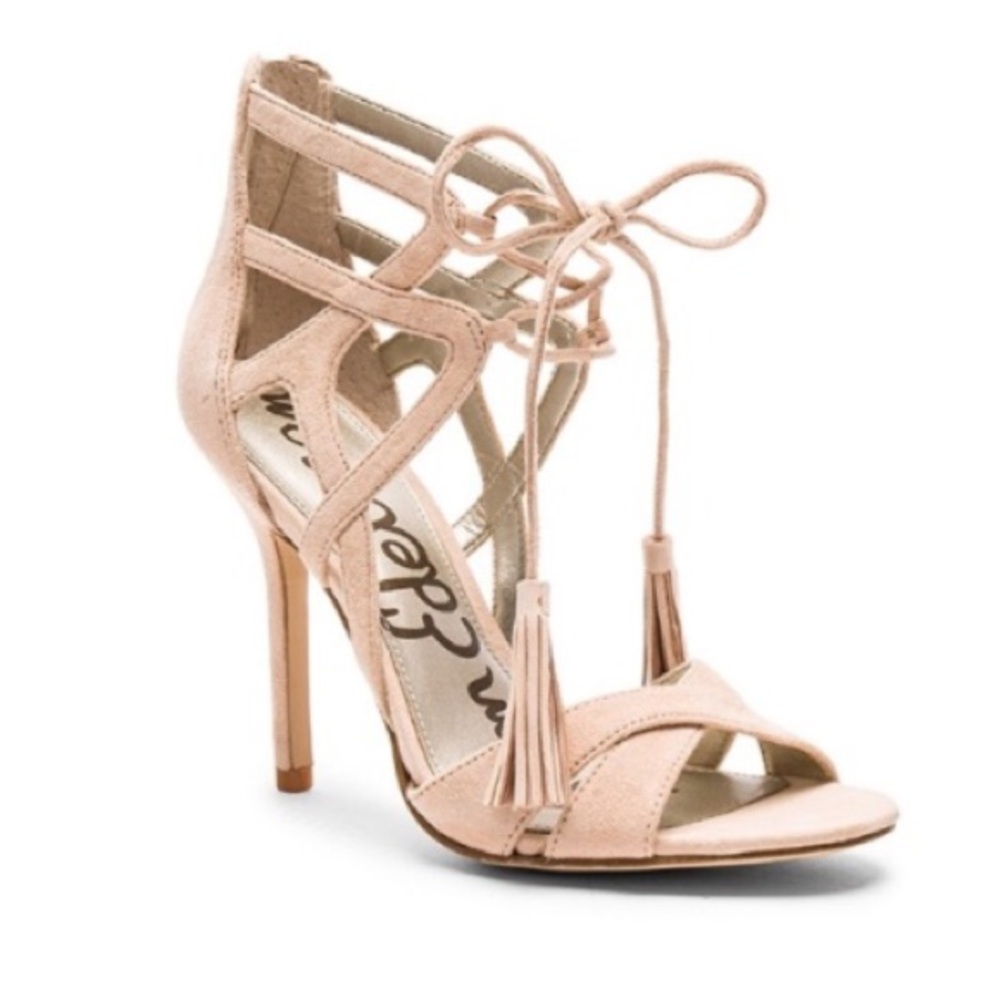 Sam Edelman Revolve nude suede ankle tassel heels 7.5